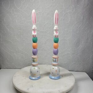 Demdaco Easter Bunny Taper Candlestick Set Pastel Ceramic Holders w Candles